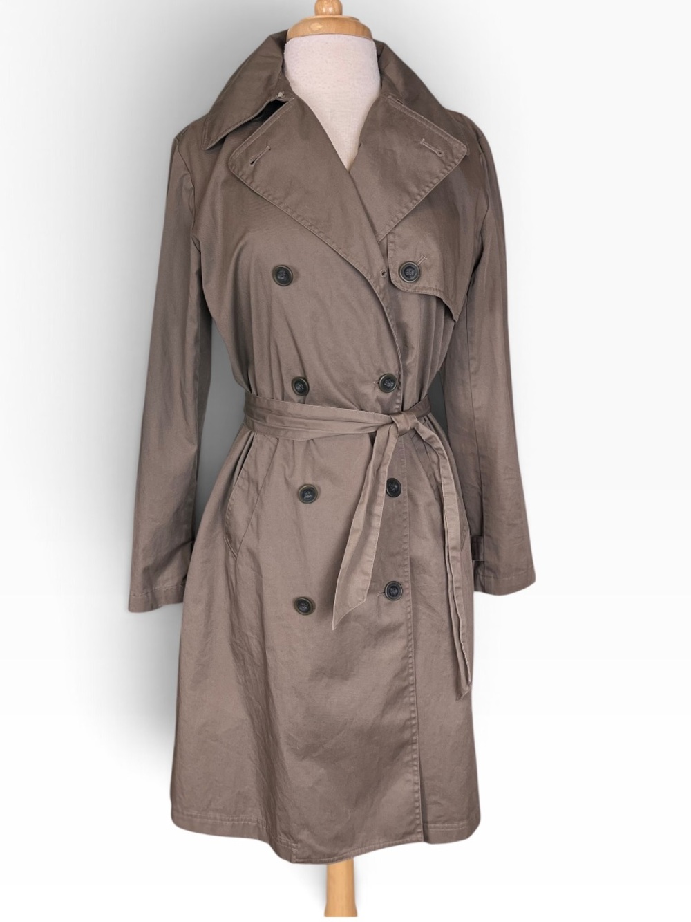 Garnet Hill Double Breasted Trench Coat Womens Small Beige Cotton Midi Preppy